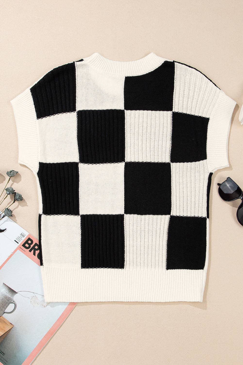 Checker Colorblock Short Sleeve Sweater