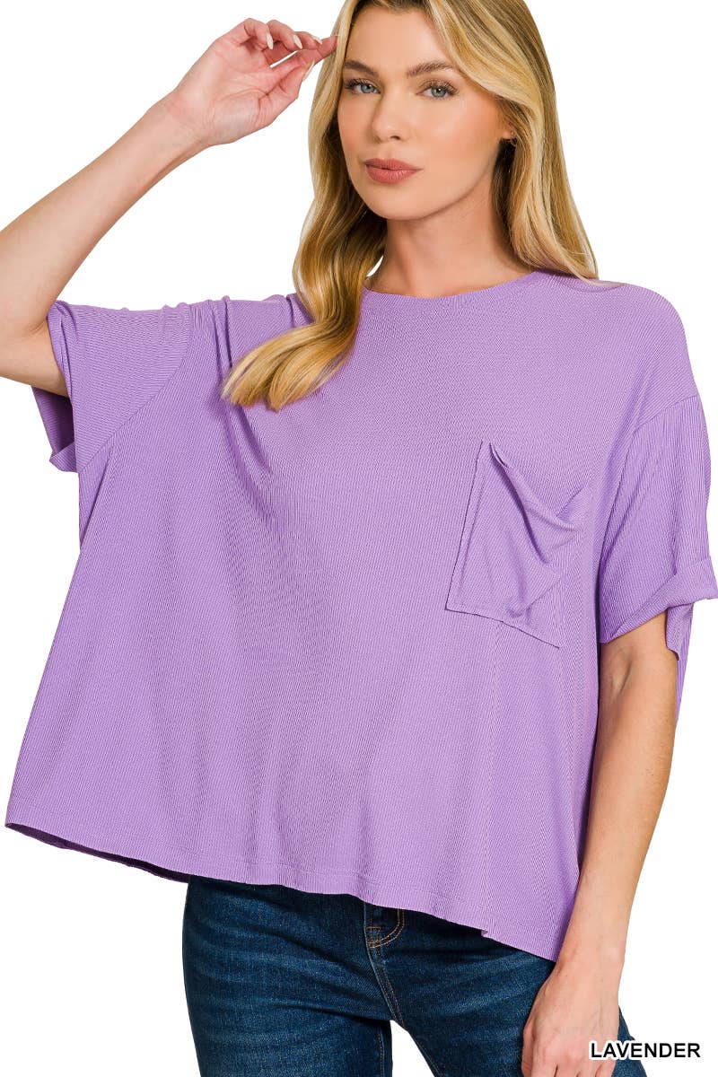 Oversized Ribbed Short Sleeve Tee w/ Back Patch - Zenana