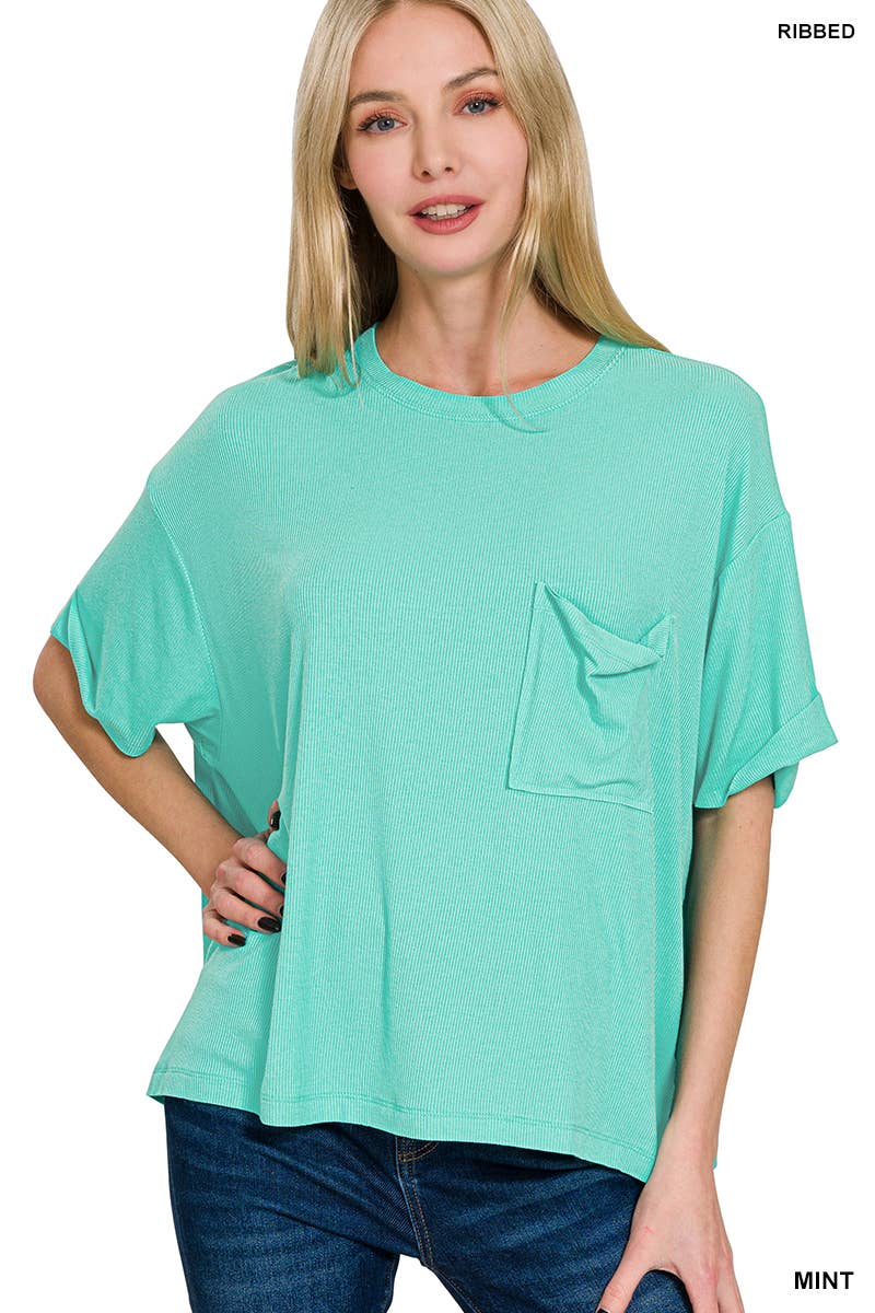 Oversized Ribbed Short Sleeve Tee w/ Back Patch - Zenana