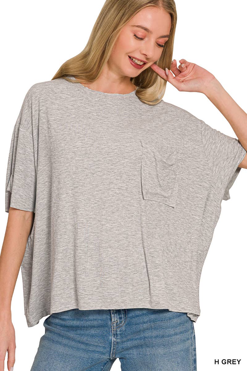Oversized Ribbed Short Sleeve Tee w/ Back Patch - Zenana
