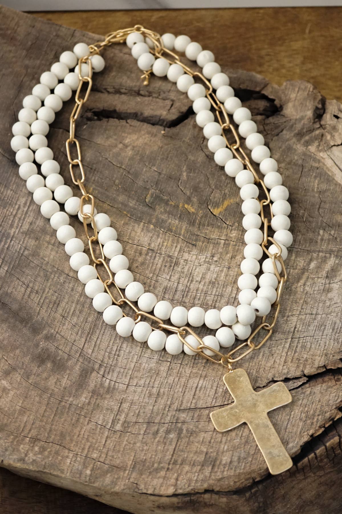 Multi Strand Wooden Beads Cross Necklace