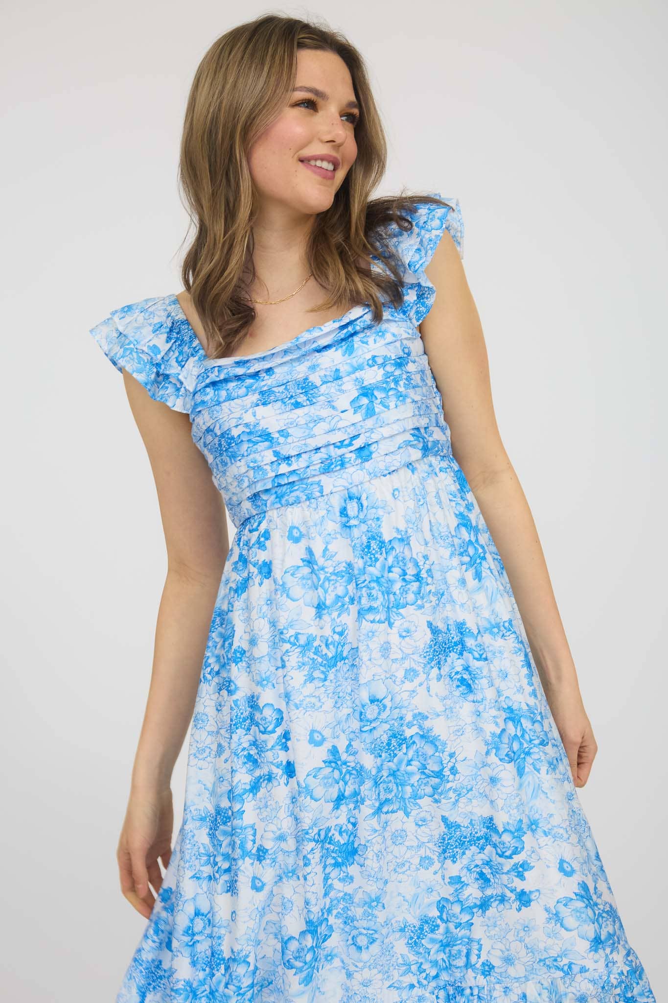 FLORAL RUFFLE STRAP DETAIL PLEATED MIDI DRESS