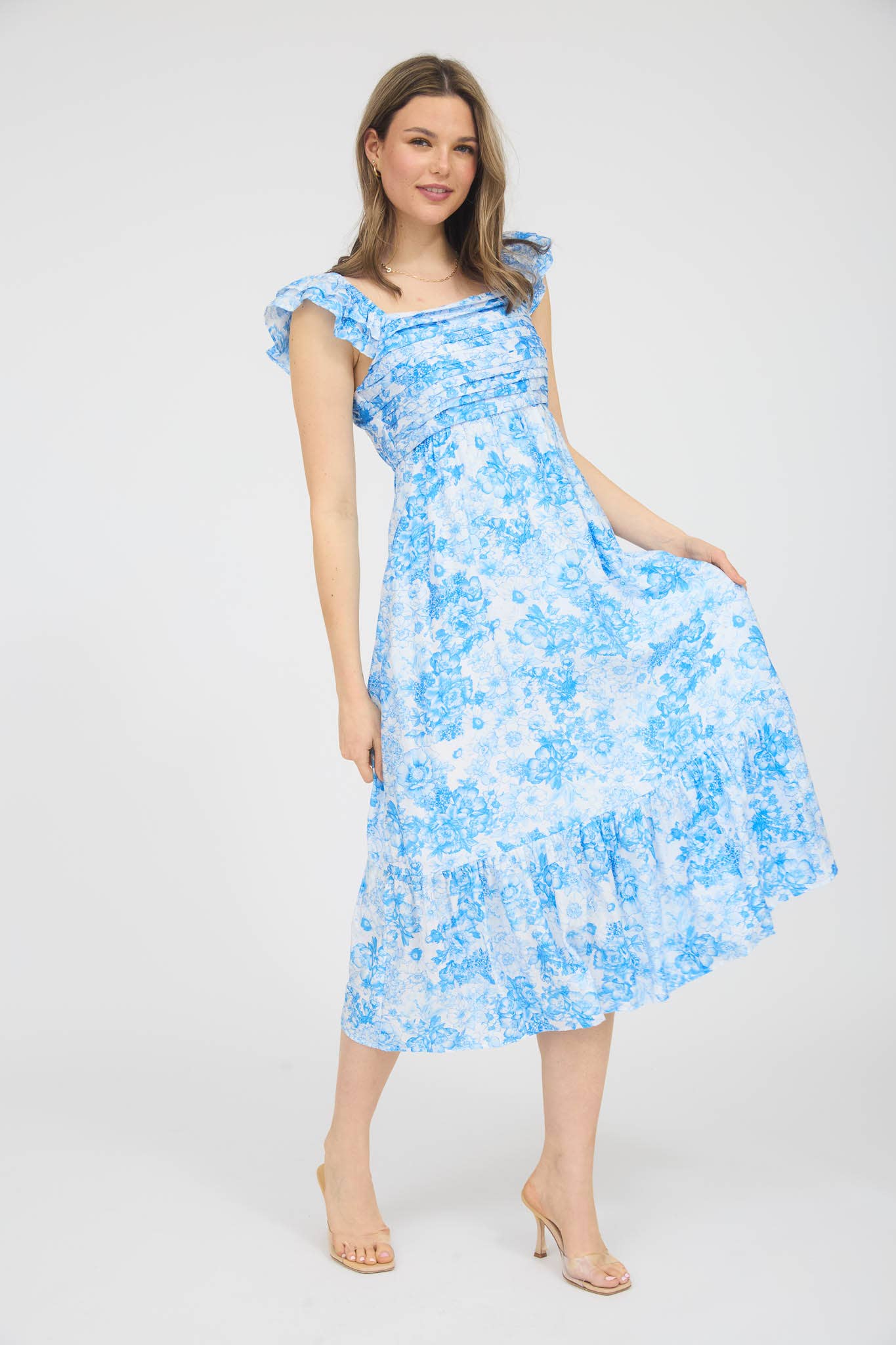 FLORAL RUFFLE STRAP DETAIL PLEATED MIDI DRESS