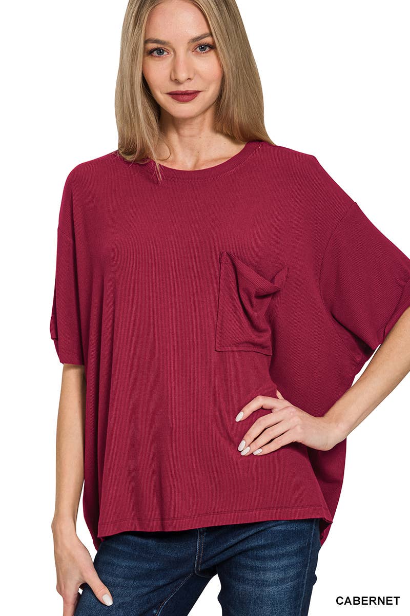 Oversized Ribbed Short Sleeve Tee w/ Back Patch - Zenana