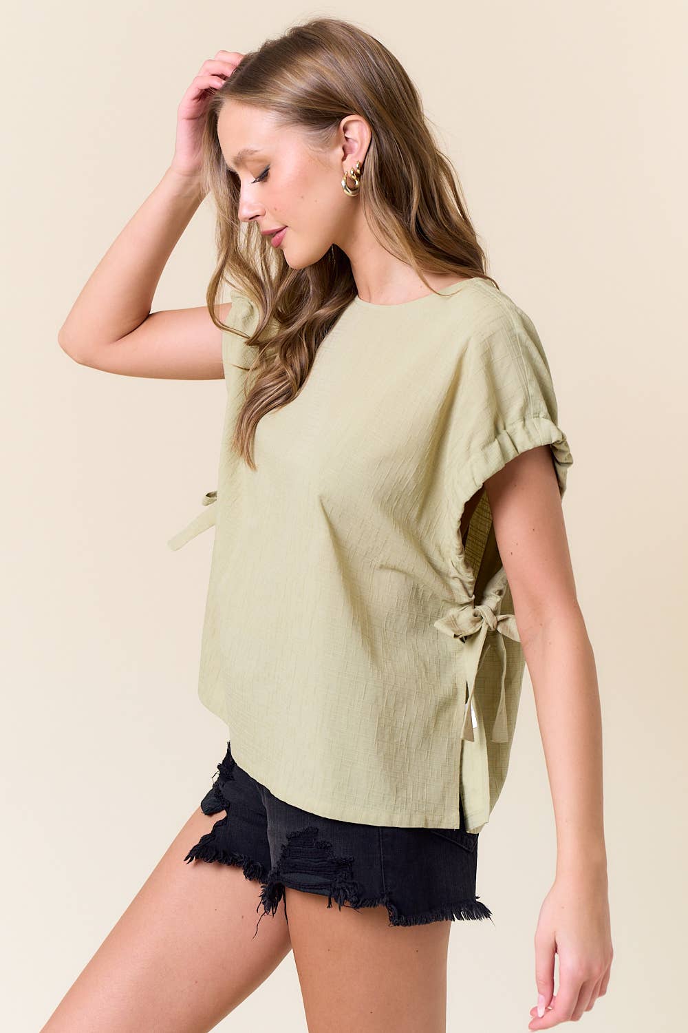 Round Neck Drawstring Short Sleeve Over-Sized Top