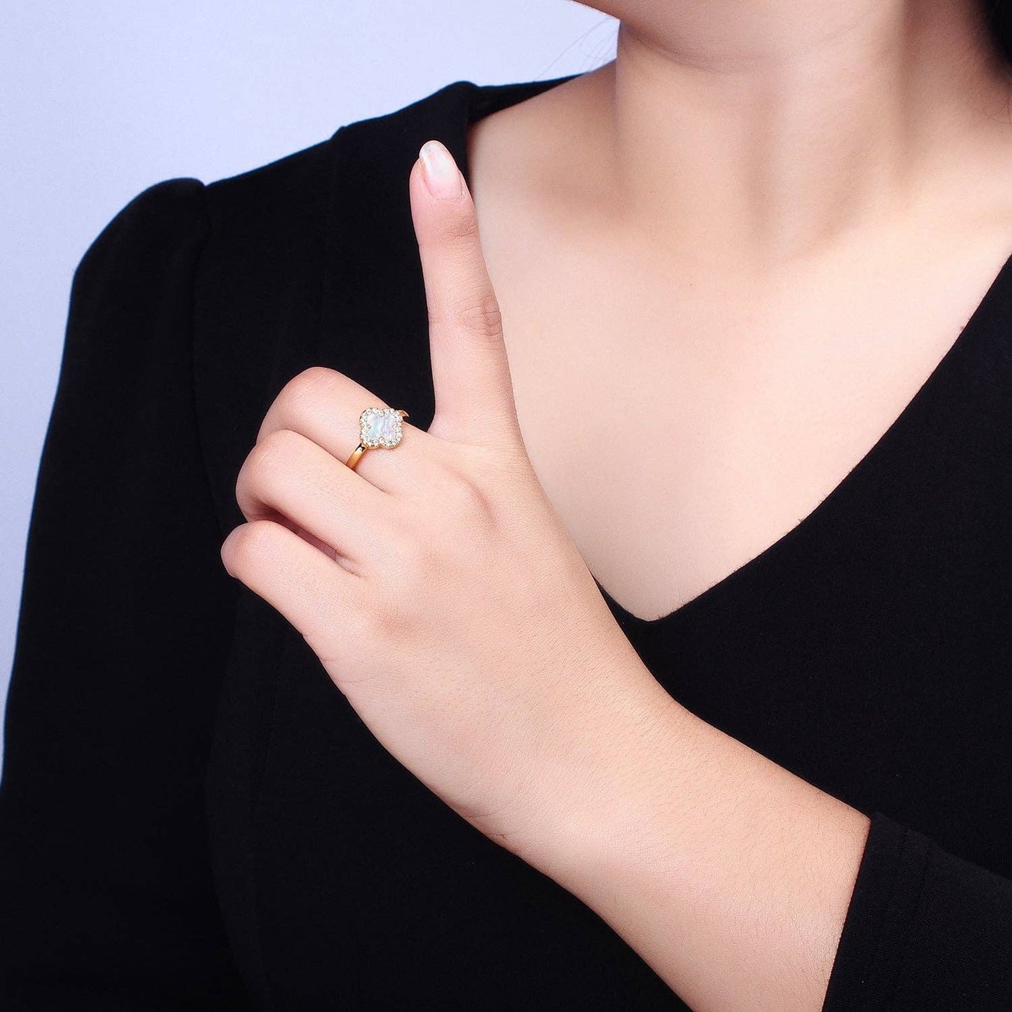 Dainty Shell Pearl Clover Ring Micro Pave Quatrefoil Ring Lucky Jewelry Four leaf Ring Y-604